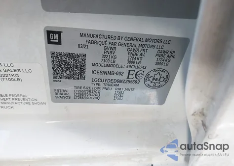 2021 Chevrolet Silverado 1500 4Wd Standard Bed Lt from USA, damaged, VIN 1GCUYDED6MZ255699